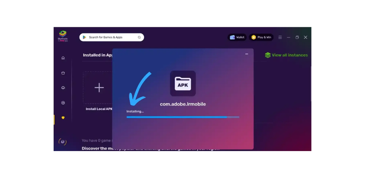 Captura de tela mostrando o APK instalado e aberto no BlueStacks